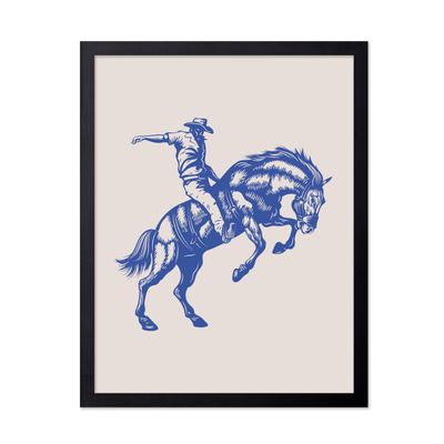 Poster Master Cowboy on Bucking Horse Poster - Retro Blue Cowboy Print - Western Design - Rodeo Art - Wild West Artwork - Gift for Him & Her - Dorm, Office or Living Room Decor - 11x14 Black Framed