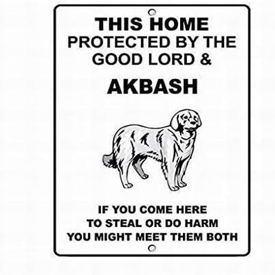 TammieLove Akbash Dog Home Protected Good Lord Sign Sign Outdoor Courtyard Decoration Sign 8x12 inch, TinSignEUa3009