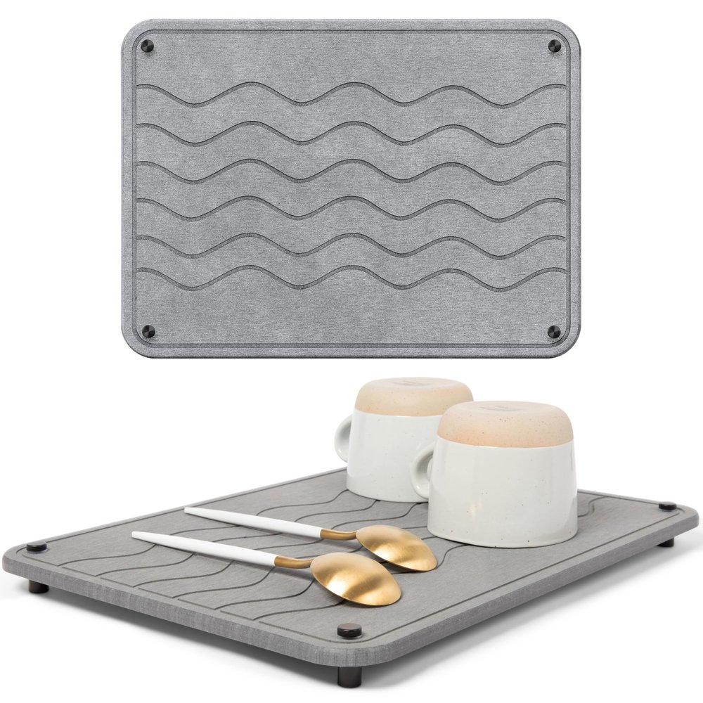 Spaceneat Diatomite Stone Drying Mat for Kitchen Counter - Rapid Moisture Removal - 15.7" x 11.8" Large Dish Drying Stone for Kitchen Sink - Diatomaceous Earth Quick Dry Dish Mat - Gray Waves