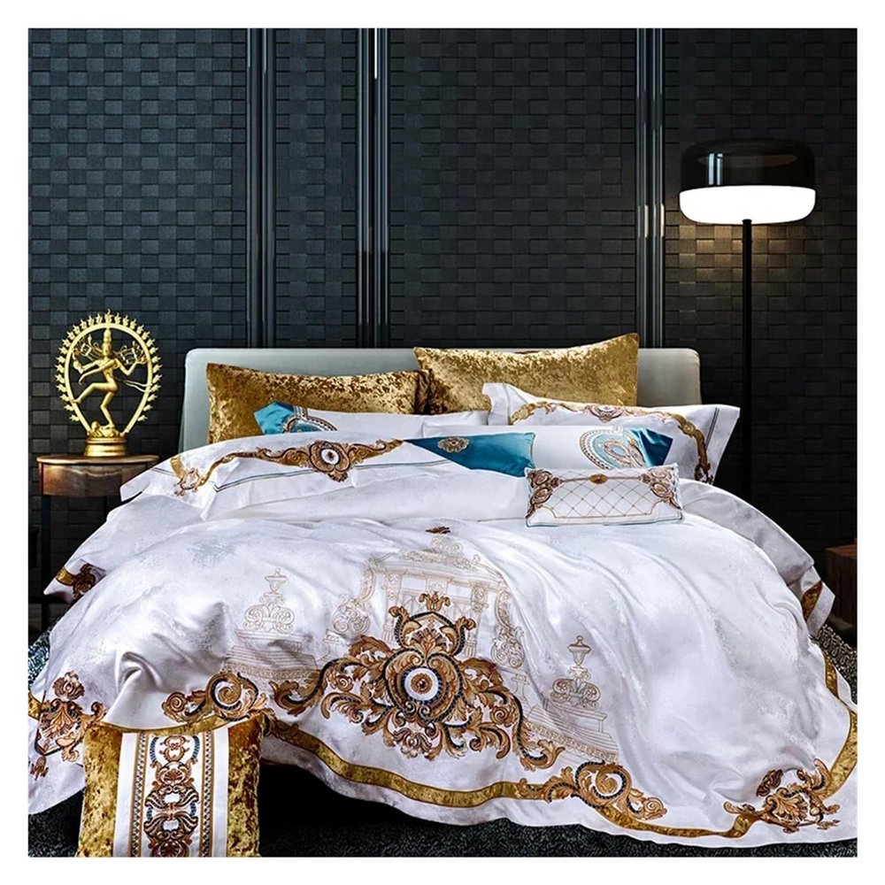 GLAMDIA Bed, 4pcs Luxury Cotton Bedding Set Duvet Cover Sheet Pillowcase King Queen Size White, MM-102