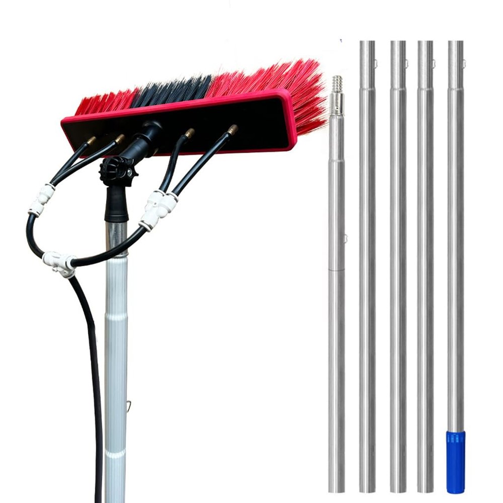 Window Extension Pole Cleaning Brush, Window Glass Wall Cleaning Tool Washing Brush with 4 Water Outlets, Water Fed Window Telescopic Pole Cleaning Brush Silver 3.6m