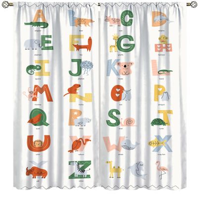 Animals Alphabet Curtains Kids Education Learning Tools Baby A to Z, Boys Girls Kids Nursery Bedroom Living Room Study Room Decorative Curtains 63" W X 72" L