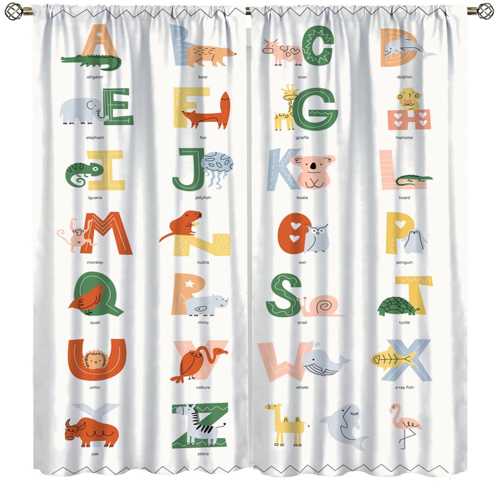 Animals Alphabet Curtains Kids Education Learning Tools Baby A to Z, Boys Girls Kids Nursery Bedroom Living Room Study Room Decorative Curtains 63" W X 72" L