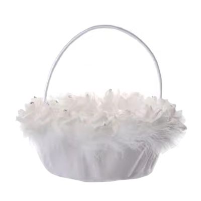BEIJIALY Wedding Flower Girl Basket with Ostrich Fluff and Lace Flowers, Wedding Flower Basket with Handle, Flower Baskets for Wedding, Romantic Wedding Baskets for Flower Girls(White)