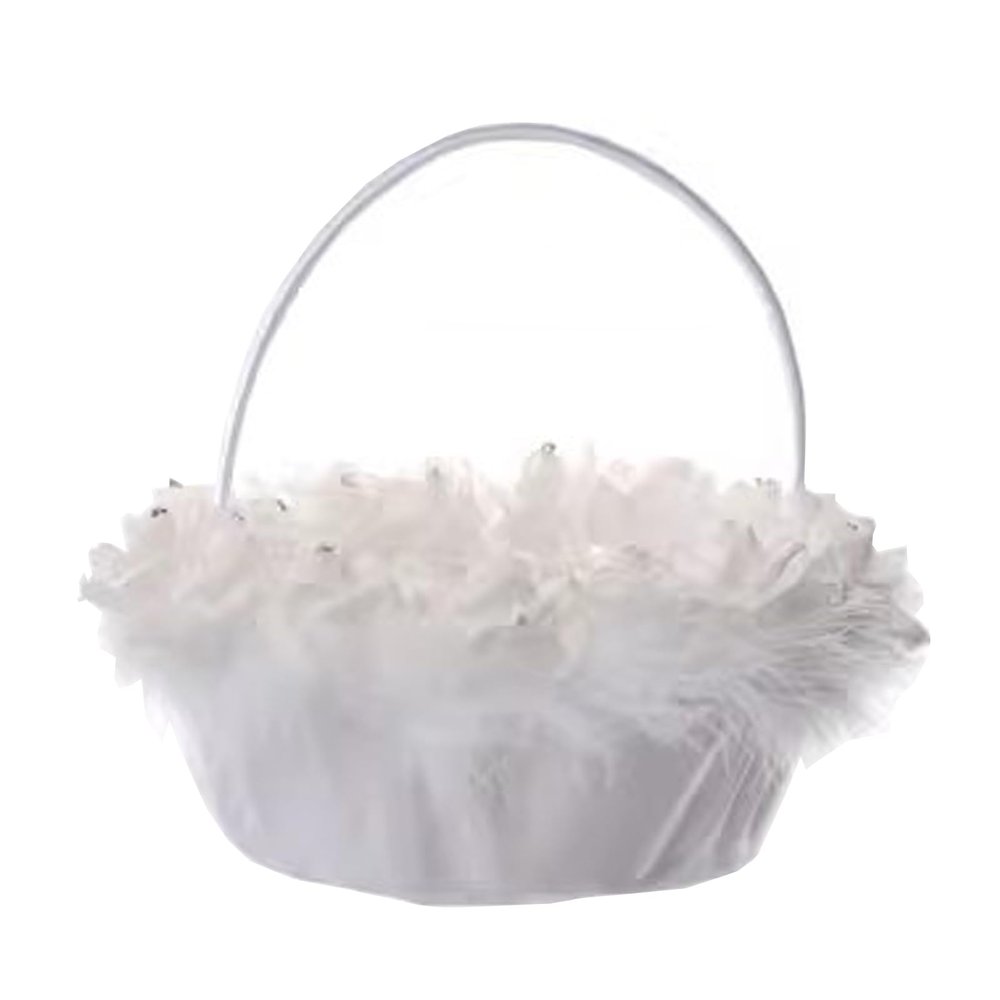 BEIJIALY Wedding Flower Girl Basket with Ostrich Fluff and Lace Flowers, Wedding Flower Basket with Handle, Flower Baskets for Wedding, Romantic Wedding Baskets for Flower Girls(White)