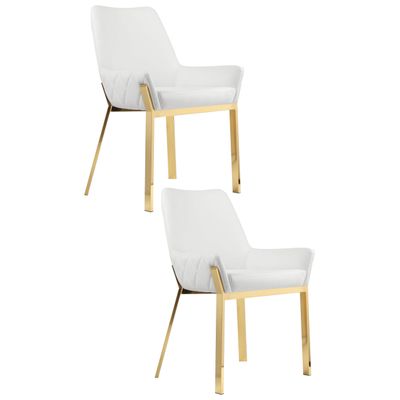 Benjara Fuma 23" Dining Accent Chair Set of 2- Tufted- White Faux Leather- Gold