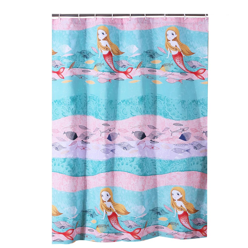 Benjara WINI 72 x 72 Inch Shower Curtain, Mermaid Print, Blue, Pink Polyester, Multicolor