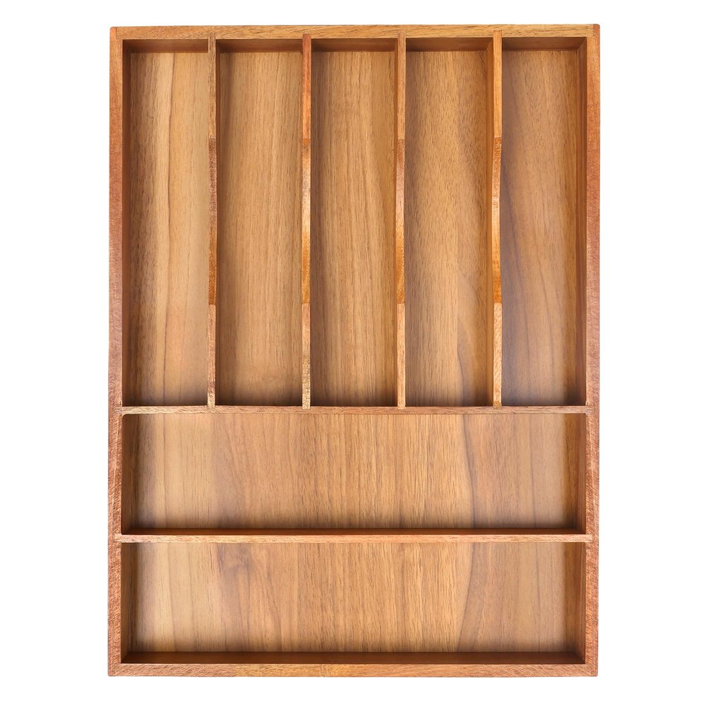 Bellsal Bamboo Silverware Organizer, 12"x15.7" Utensil Holder Cutlery Tray with Grooved Drawer Dividers for Kitchen Flatware, Bedroom, Office (7 Slot, Acacia)