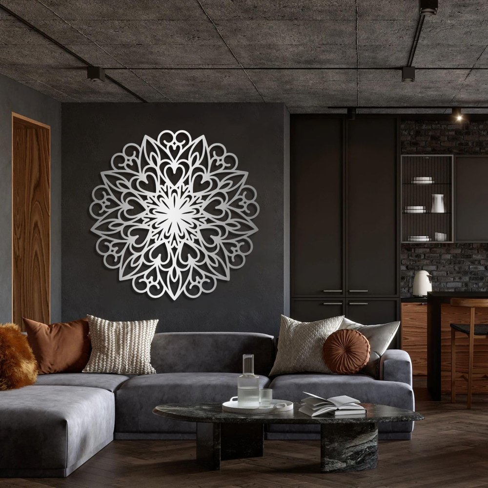 Mandala Wall Decor, Metal Mandala Wall Art, Lotus Flower Wall Decor, Lotus Mandala Metal Wall Art, Flowers Metal Wall Art, Elegant Wall Decor, Black Wall Art for Bedroom (24"x24" | 60x60 cm, Silver 2)