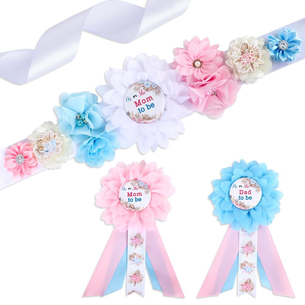Cheerupp Boho Baby Shower Maternity Sash Kit - Boho Team Boy or Girl Baby Shower Belly Belt and Mom to Be & Dad to Be Corsage Pins, New Parents Pregnancy Photo Props Party Supplies