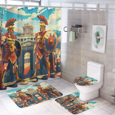 FBMLBRB Brebasf Abstract Boho Spartan Warrior Print 4 Pcs Waterproof Shower Curtain Set,Modern Painting Art Greek Landscape Ancient Temple Architecture with Waterproof Toilet Cover Shower Mat Rugs