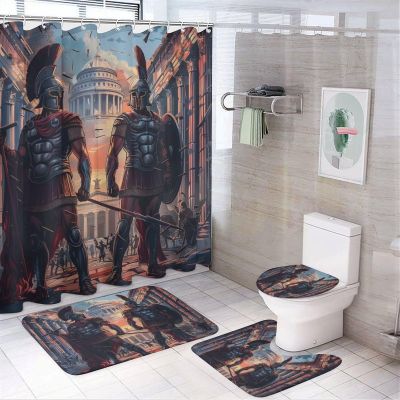 Brebasf Modern Anime Spartan Warrior Theme 4 Pcs Waterproof Shower Curtain Set,Vintage Antique Architectural Greek Mythological Spartan Warrior Print With Waterproof Toilet Cover Shower Mat Rugs