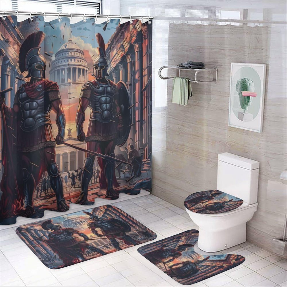 Brebasf Modern Anime Spartan Warrior Theme 4 Pcs Waterproof Shower Curtain Set,Vintage Antique Architectural Greek Mythological Spartan Warrior Print With Waterproof Toilet Cover Shower Mat Rugs