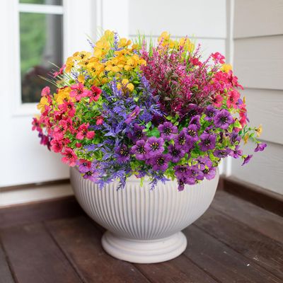 Ronyila Artificial Fake Flowers Ferns Outdoor with Grass, 12 Bundles Artificial Silk Flowers Plants UV Resistant Faux Greenery Planter Lavender Shrubs for Spring Porch Patio Window Box Decor