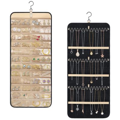 Longzhuo Jewelry Organizer, 2 Sided Necklace Holder, with 360 Degree Rotating Hook, Jewelry Holder for Travel, Earrings, Necklaces, Rings on Closet, Wall, Door, Black (14.17 x 32.28 inches)