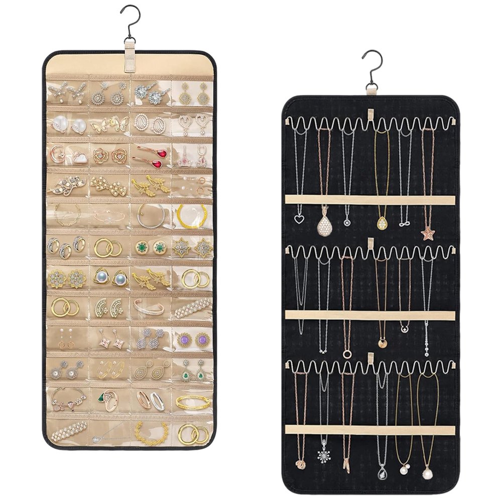 Longzhuo Jewelry Organizer, 2 Sided Necklace Holder, with 360 Degree Rotating Hook, Jewelry Holder for Travel, Earrings, Necklaces, Rings on Closet, Wall, Door, Black (14.17 x 32.28 inches)