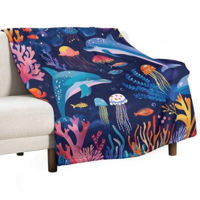 TOWINSFB Marine Life Dolphin Flannel Throw Blanket, Soft Lightweight Cozy Warm Undersea World Fish Jellyfish Coral Seaweed Blankets for Couch Bed Travel- 50"x60"