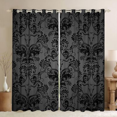 Adults Black Damask Curtains - Antique Victorian Baroque Blackout 2 Panels 42"Wx84"L, Gothic Vintage Floral Drapes With Exotic Longhorn Skull, Bull Bone Bohemian Decor, Grey