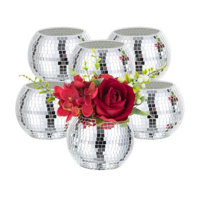 Disco Ball Vases for Table Centerpieces - Hewory 6pcs Silver Mirror Glass Planters Flower Pot Containers, Bulk Disco Balls Bowl Candle Holders for Wedding Bridal Shower Birthday Events Party Decor