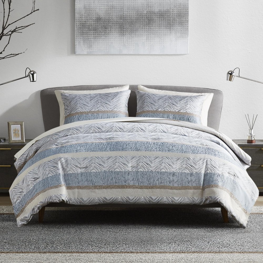 Comfort Spaces Blue Queen Comforter Set - 7 Pieces Trendy Modern Jacquard Bedding Sets with Sheets, All Seasons Skin-Friendly, Lightweight & Soft Microfiber Queen Bed Set, Shams, Queen