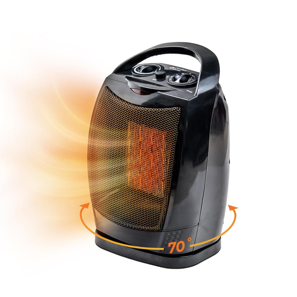 Comfort Zone 1500W Portable Ceramic Space Heater, Fan-Forced, 70 Oscillation, Adjustable Thermostat, 3 Heat Settings + Fan Mode, Small Room Heater, Overheat & Tip-Over Protection, Black