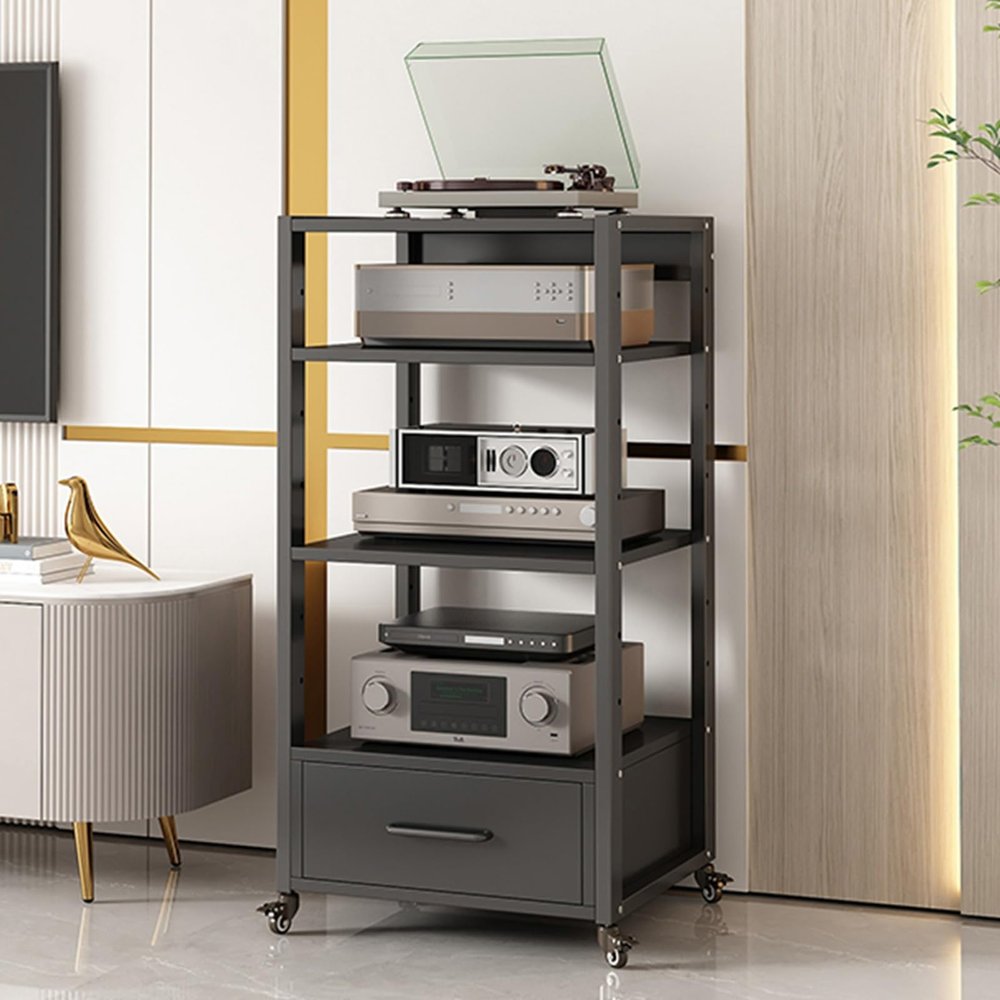 AErosx 5-Tiers Media Component TV Stand with Wheels and Height Adjustable Steel Shelf, 2 Colors Floor TV Stand, Stereo Component Cabinet Media Center Audio Tower Media Storage Rack (Color : A)