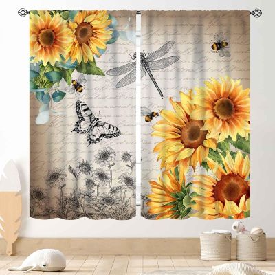 TKUYO Rustic Sunflower Curtains, Farmhouse Vintage Yellow Floral Dragonfly Country Retro Style Window Drape Treatments for Kitchen Bedroom Living Room 2 Panels, 84"x63" Inch