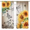 TKUYO Rustic Sunflower Curtains, Farmhouse Vintage Yellow Floral Dragonfly Country Retro Style Window Drape Treatments for Kitchen Bedroom Living Room 2 Panels, 84"x63" Inch view 2