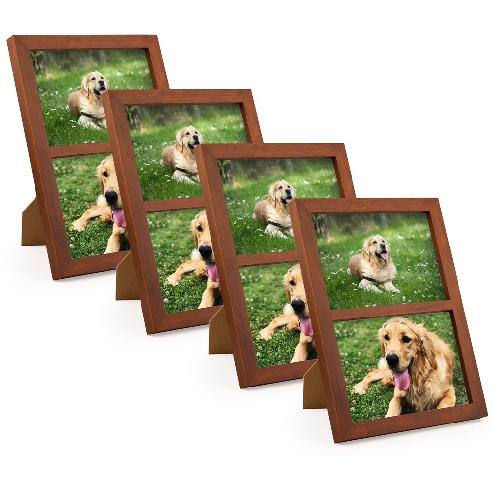 Golden State Art, 5x7 Double Picture Frame, Displays Two 5x7 Photos, Solid Wood - Real Glass For Tabletop Or Wall Mounting (Brown, 4 Pack)