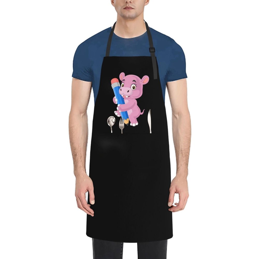 SIYTUAU Cute Hippo Aprons With Pockets Men Women Waterproof Adjustable Bib Apron Kitchen Gardening Salon Aprons For Cooking