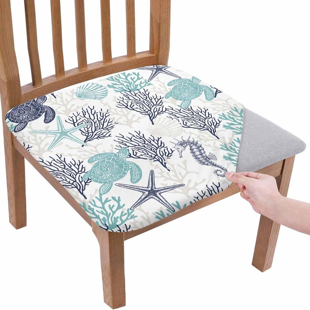DecorLovee Teal Blue Coastal Seat Covers for Dining Room Chairs Covers, Office Chair Seat Cover, Sea Turtle Nautical Coral Summer Beach Chair Slipcovers Stretch Cushion Protector for Kitchen Set of 6