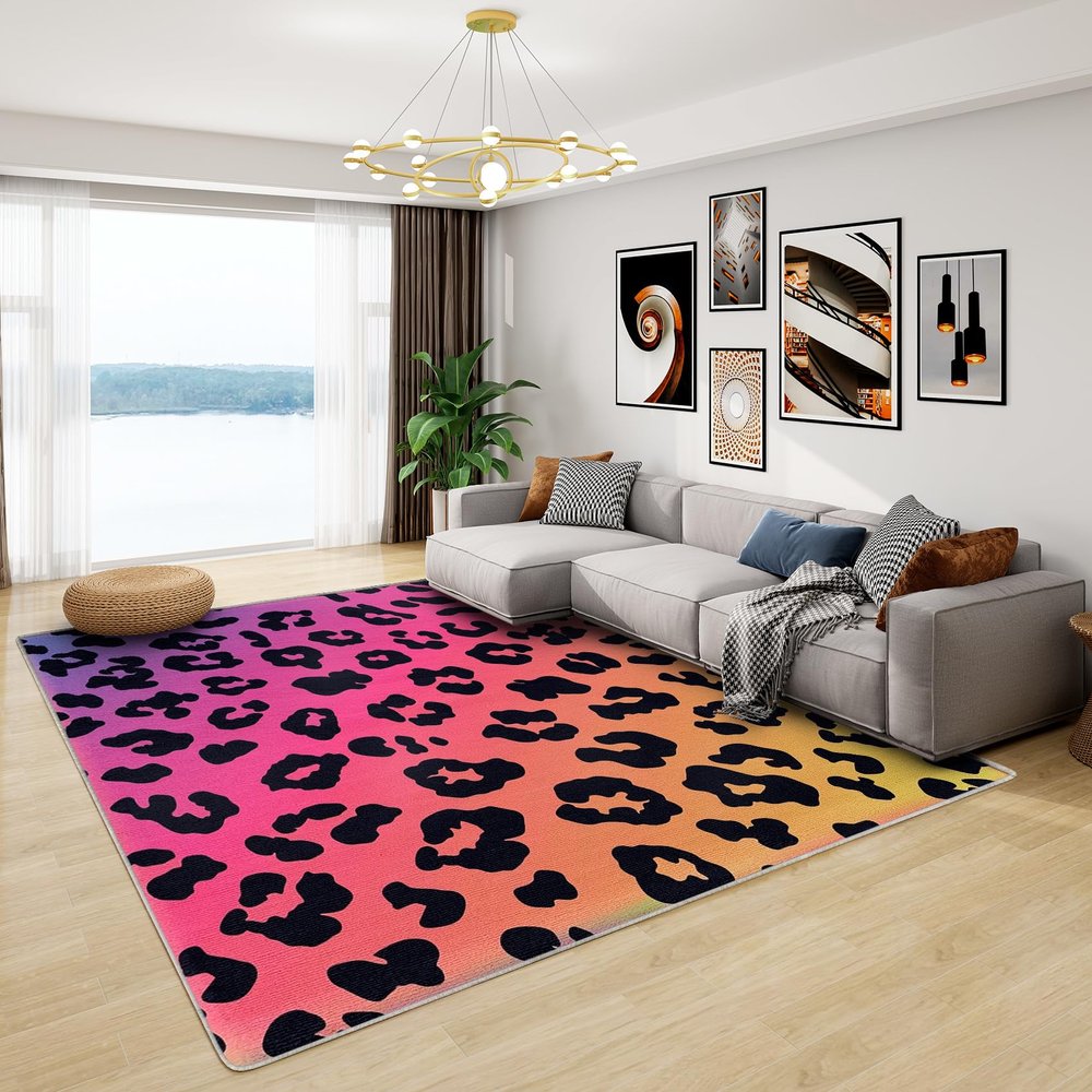 HomeLoft Basics Leopard Print Rugs for Bedroom - 5x6 Rug - Leopard Rug - Neon Cheetah Print Area Rug - Ombre Animal Print Rugs - Girls Gradient Carpet