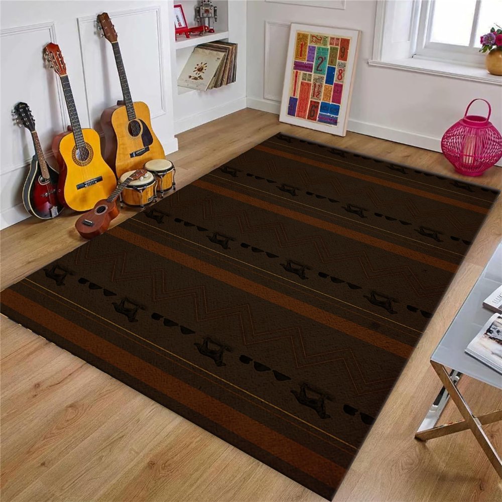 Srocvi Retro Rustic Area Rug Nordic Bohemian Style Native Wildlife Wolf and Geometric Print Carpets Anti-Slip Washable Large Area Brown Rugs for Home Office Bedsides Nursery, 5x7ft