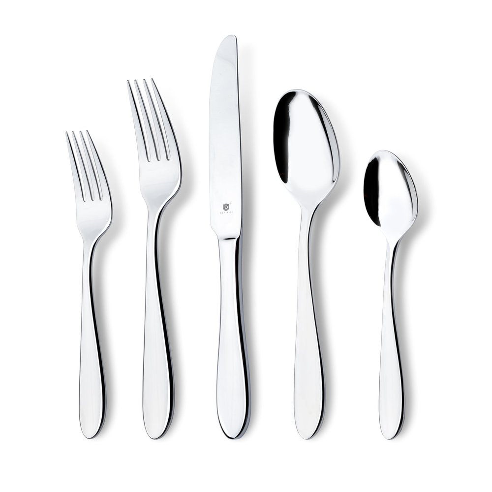Danialli Modern Silverware Set, 18/10 Stainless Steel Flatware, Mirror Finish, Dishwasher Safe, Elegant Cutlery for Home and Dining, Built to Last (40-Piece, Razzoli)
