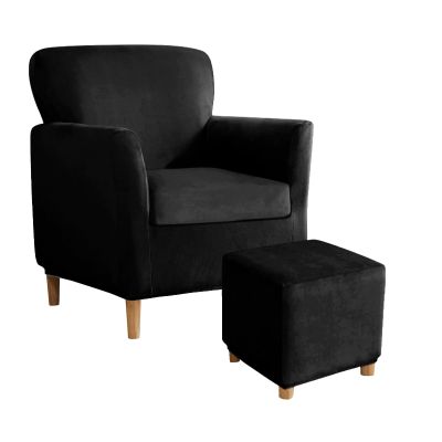 UNBBRRL Armchair and Ottoman Covers Set, Matching Accent Chair and Ottoman Slipcovers Square Stretch Velvet Non-Slip for Living Room (Black, Armchair with Seat+Ottoman Square L)