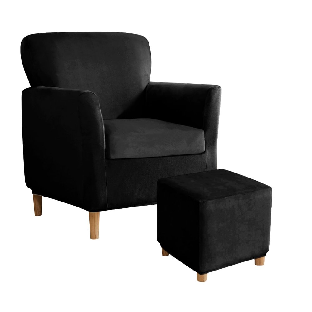 UNBBRRL Armchair and Ottoman Covers Set, Matching Accent Chair and Ottoman Slipcovers Square Stretch Velvet Non-Slip for Living Room (Black, Armchair with Seat+Ottoman Square L)