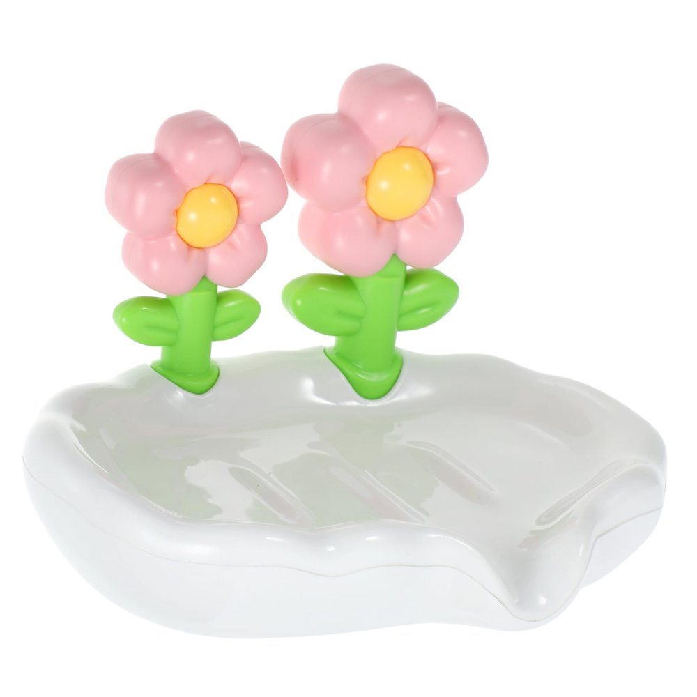 Amosfun Cute Flower Soap Dish Decorative Soap Holder for Bathroom Countertop Multi-Functional Drainage for Bath Accessories Pink Material