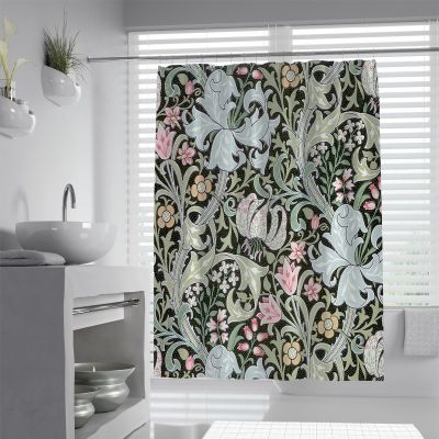 MUKULING William Morris Vintage Shower Curtain Sets for Bathroom Fabric Bath Curtain Bohemian Plant Flowers Pattern Shower Curtain with Hooks W36xL72in