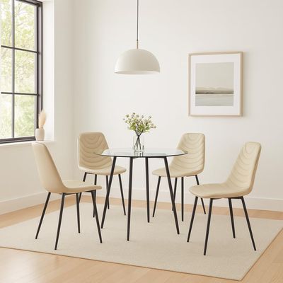 Anchorhome 5-Piece Round Glass Dining Table Set for 4, Modern Small-Space Kitchen & Dining Room Set with Tempered Glass Top and Cream Faux Leather Chairs, Black Metal Legs