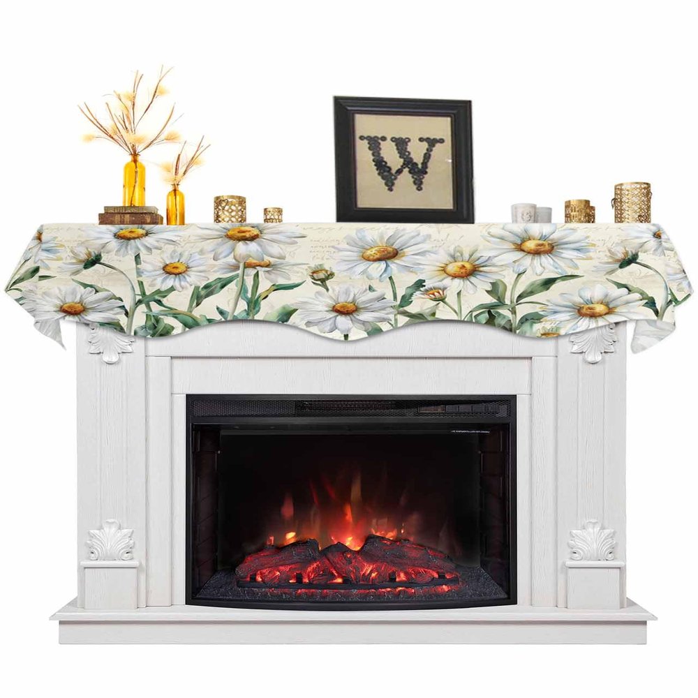 Victoroes Spring Floral Mantle Scarf 90 x 17 Inch, Retro Plants Daisy Flowers Fireplace Mantel Scarf Mantle Cover Runner for Home Living Room Indoor Holiday Party Decor