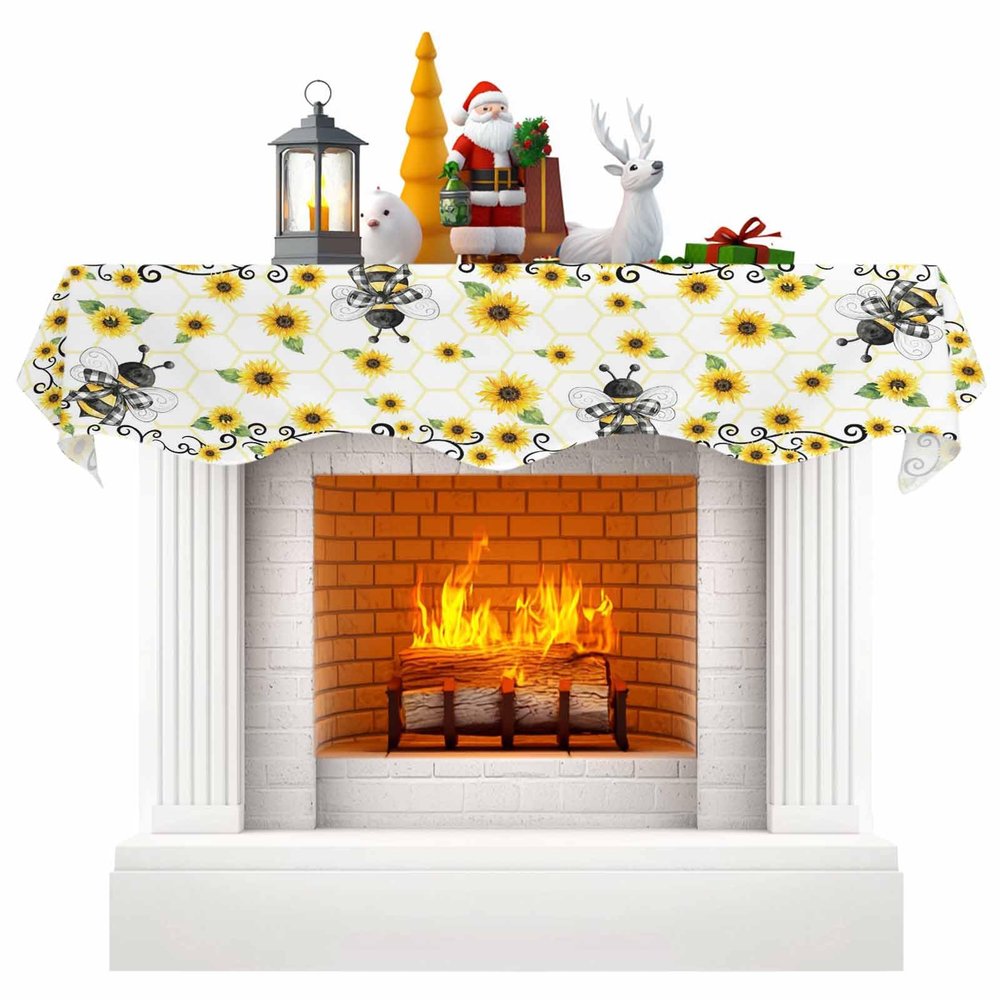 Victoroes Summer Mantle Scarf 90 x 17 Inch, Plants Sunflowers Bee Honeycomb Yellow Fireplace Mantel Scarf Mantle Cover Runner for Home Living Room Indoor Holiday Party Decor