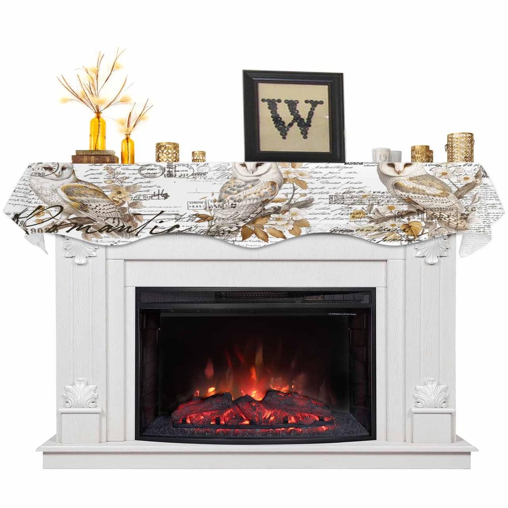 Victoroes Owls Mantle Scarf 70 x 17 Inch, Retro Envelope Stamp Hand Painted Style Fireplace Mantel Scarf Mantle Cover Runner for Home Living Room Indoor Holiday Party Decor