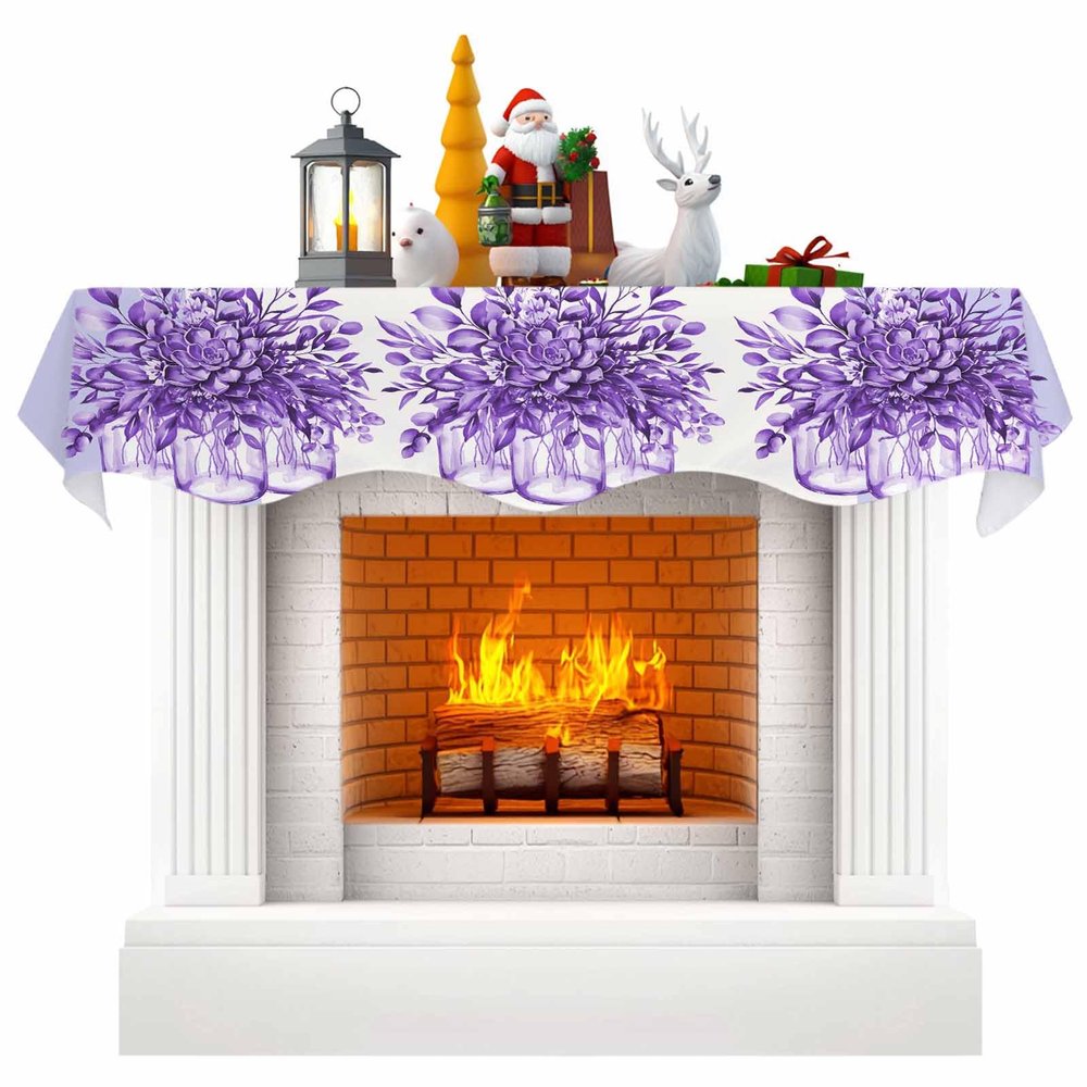 Victoroes Eucalyptus Leaf Mantle Scarf 70 x 17 Inch, Spring Summer Flowers Purple Fireplace Mantel Scarf Mantle Cover Runner for Home Living Room Indoor Holiday Party Decor