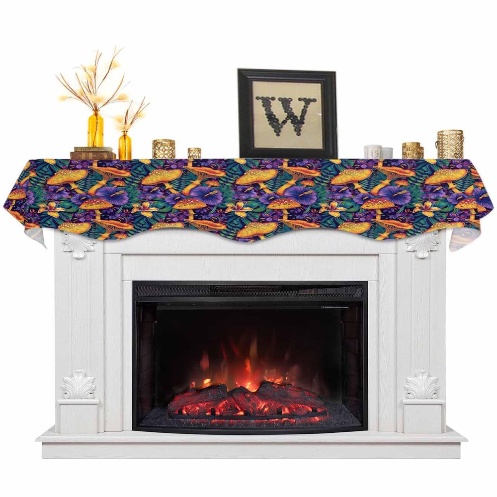 Victoroes Mushroom Mantle Scarf 70 x 17 Inch, Plants Green Leaves Purple Flowers Fireplace Mantel Scarf Mantle Cover Runner for Home Living Room Indoor Holiday Party Decor