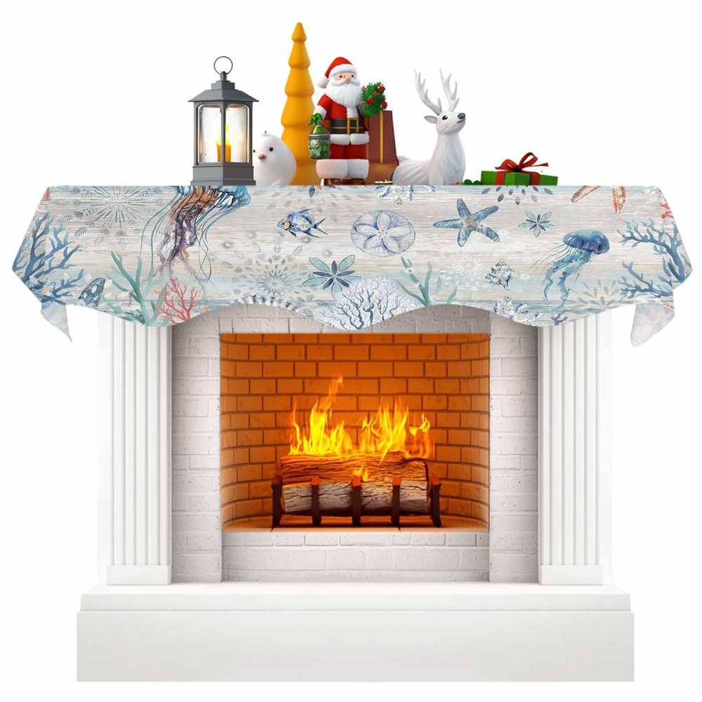 Victoroes Ocean Mantle Scarf 60 x 17 Inch, Summer Jellyfish Shell Coral Retro Blue Wood Grain Fireplace Mantel Scarf Mantle Cover Runner for Home Living Room Indoor Holiday Party Decor