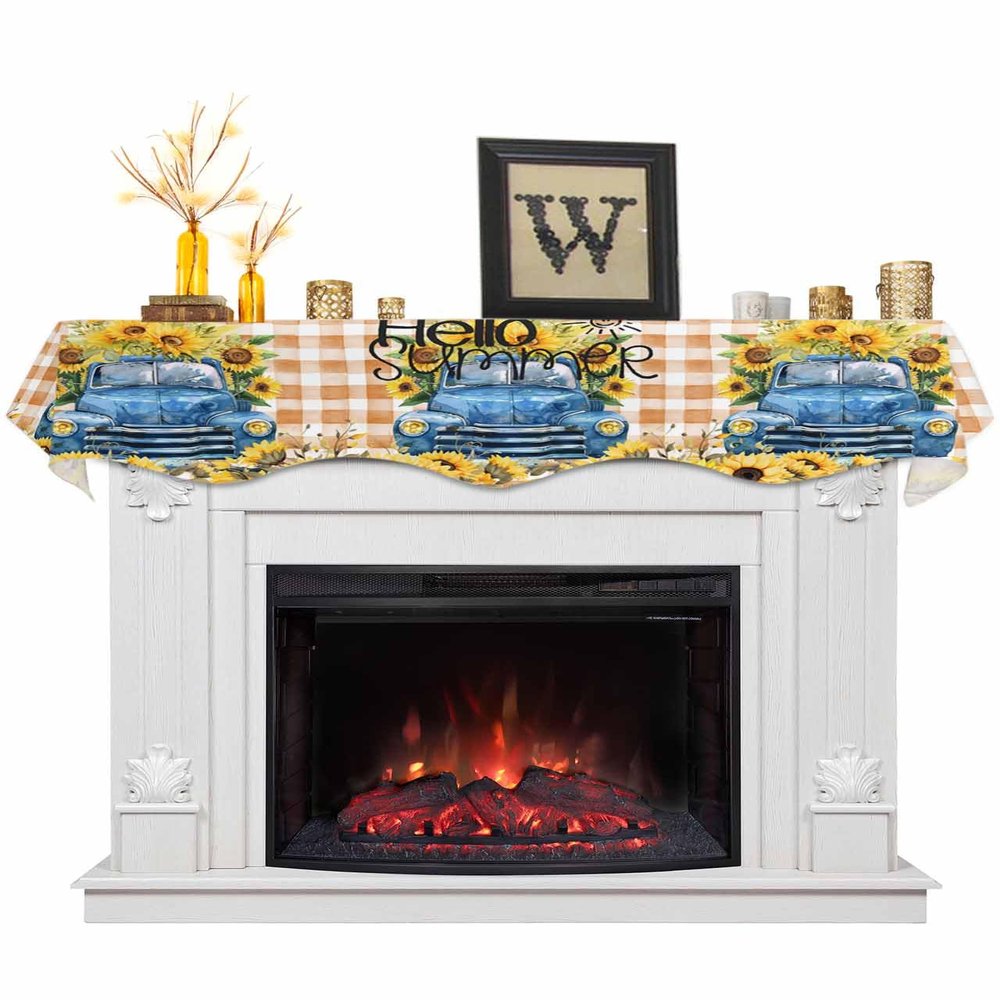 Victoroes Summer Mantle Scarf 70 x 17 Inch, Sunflower Flowers Blue Truck Buffalo Plaid Fireplace Mantel Scarf Mantle Cover Runner for Home Living Room Indoor Holiday Party Decor