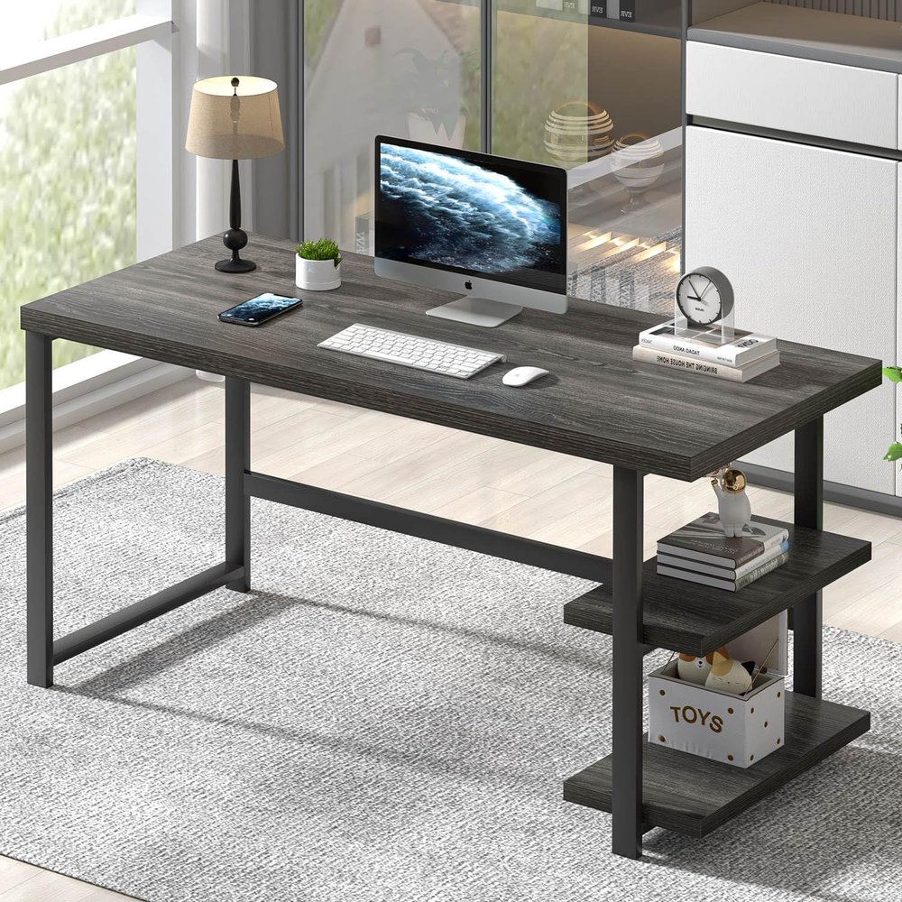 FOLUBAN Home Office Desk, Modern Computer Desk with Storage Shelf, Wood Study Writing Gaming Table for Bedroom Living Room, Industrial Dark Gray, 53 Inch