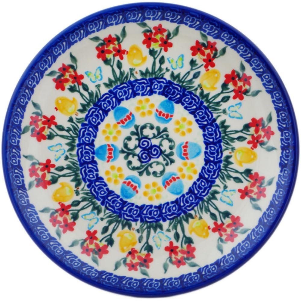 Polmedia Polish Pottery Dessert Plate UNIKAT - Egg Hunt Pattern Handmade in Boleslawiec Poland by Ceramika Dalia + Certificate of Authenticity