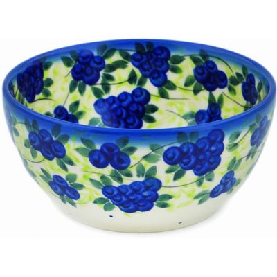 Polmedia Polish Pottery Bowl 5-inch UNIKAT - Blueberries Season Pattern Handmade in Boleslawiec Poland by Ceramika Dalia + Certificate of Authenticity