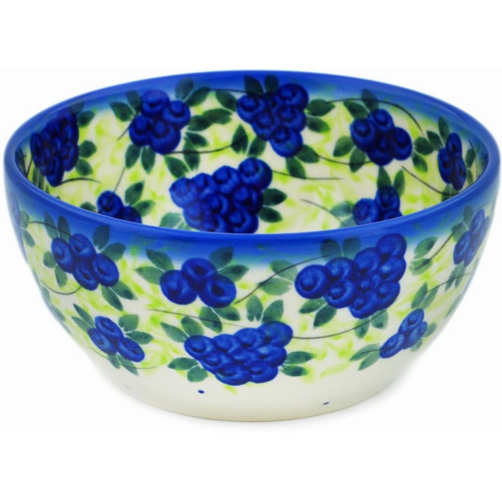 Polmedia Polish Pottery Bowl 5-inch UNIKAT - Blueberries Season Pattern Handmade in Boleslawiec Poland by Ceramika Dalia + Certificate of Authenticity